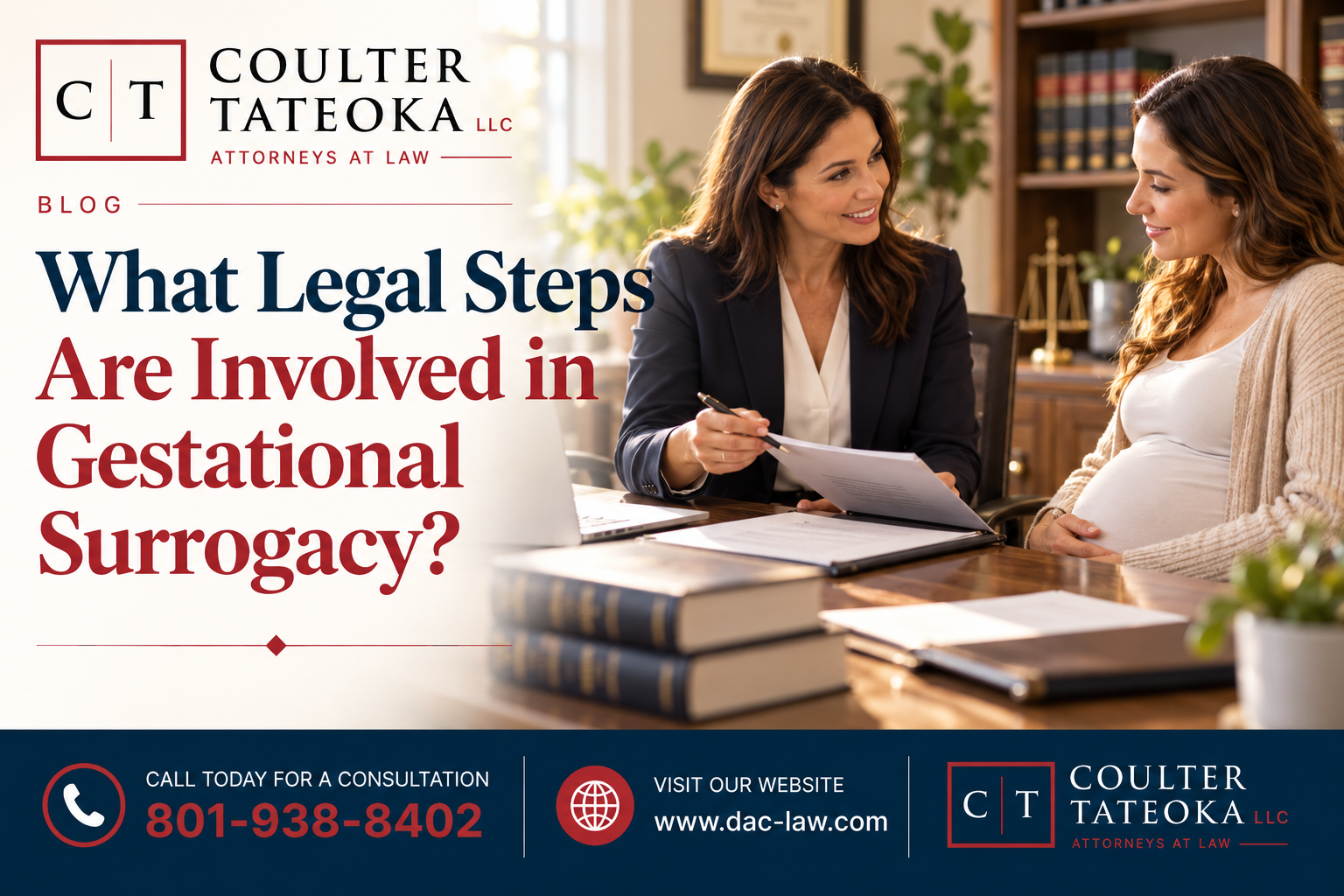 Pregnant woman meeting with a lawyer at Coulter Tateoka LLC to discuss gestational surrogacy legal steps, agreements, and parental rights in Utah.